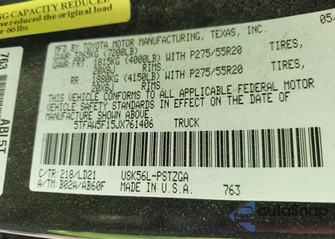 2018 Toyota Tundra 1794 5.7L V8 z USA, uszkodzony, nr VIN 5TFAW5F15JX761406